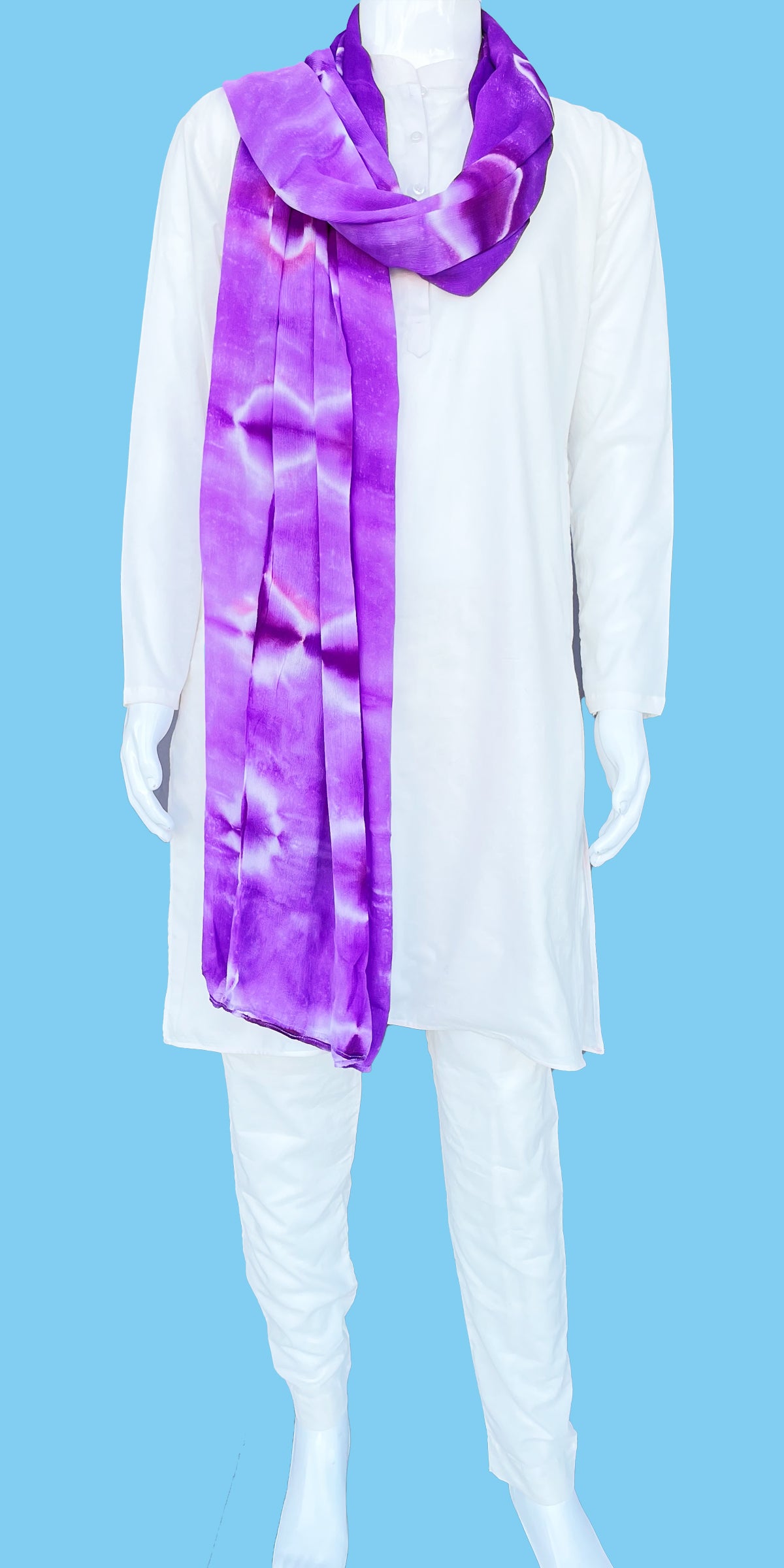 White Color Cotton Men's Kurta Pajama Indian with Lavender Stole