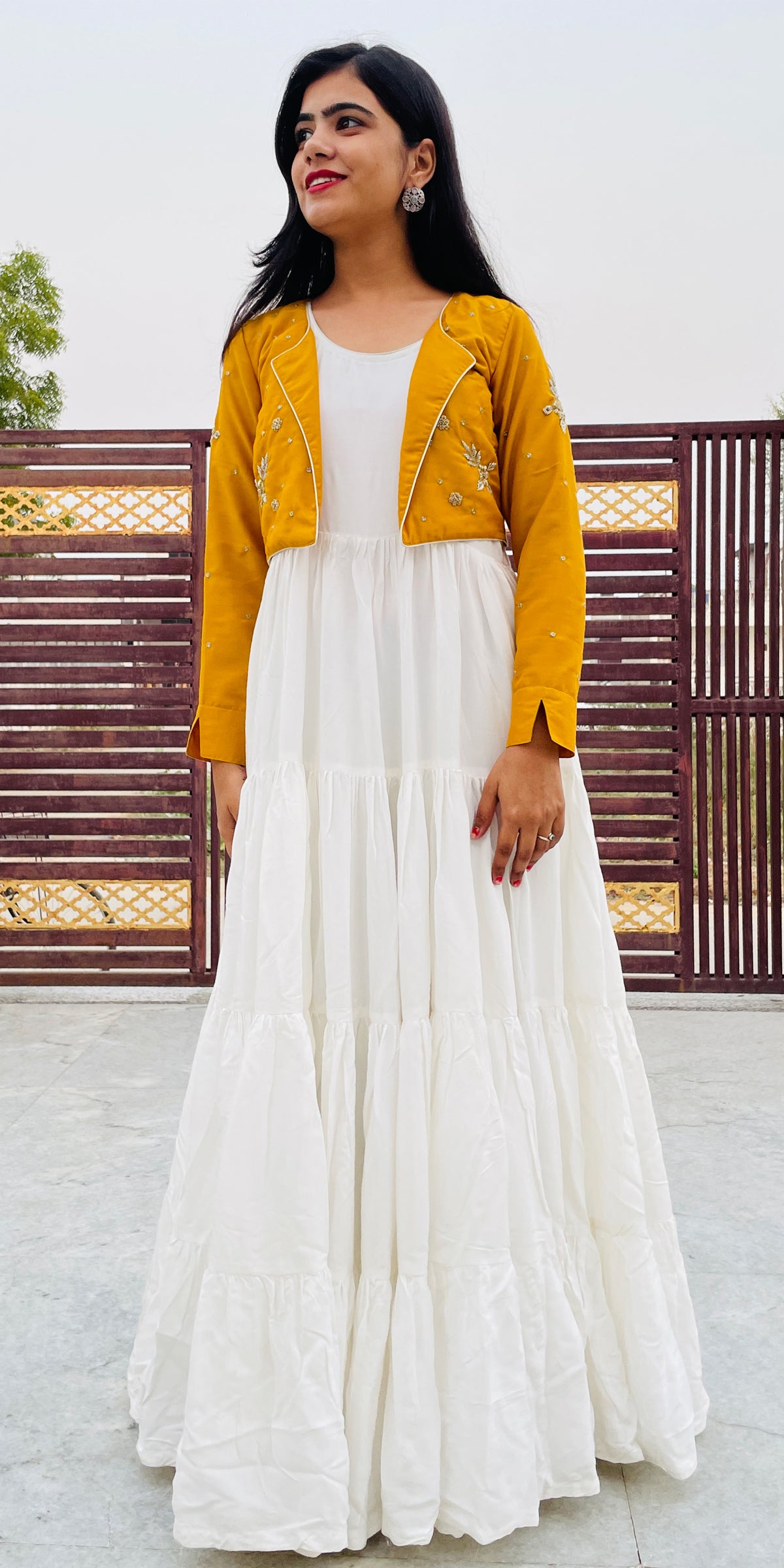 White Flared Pure Muslin Long Dress , with Mustard Hand embroidered Ja