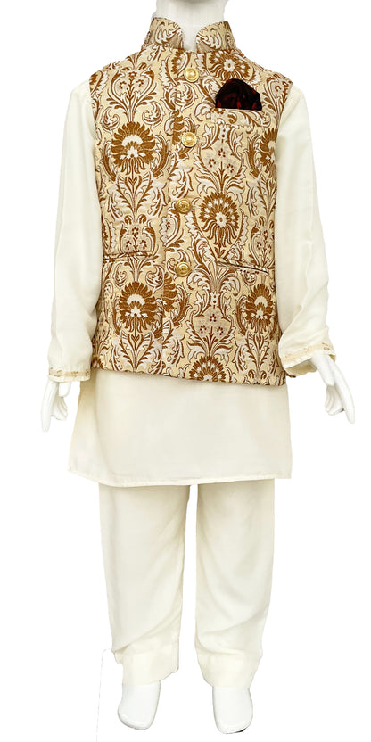 Off White Kurta Pajama with Jacket for Boys, with Hand Embroidery Indian Ethnic kids wear, Indian Boys Wear