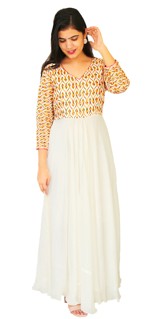White Pure Chinon Pleated Multicolor Embroidered Ankle Length Maxi Dress