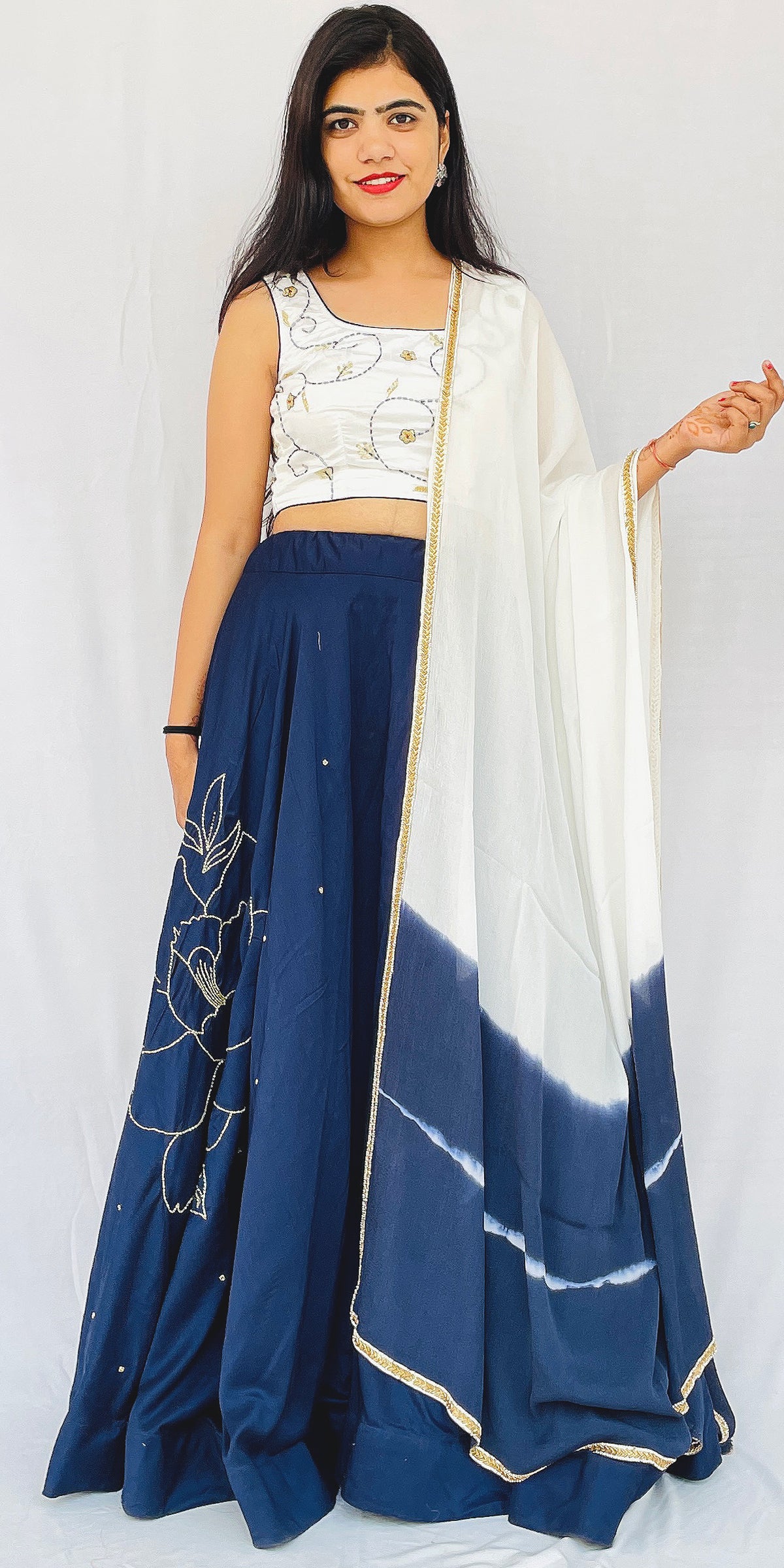 Designer Navy blue full swing circular lehenga skirt with handwork blouse and tie and dye dupatta