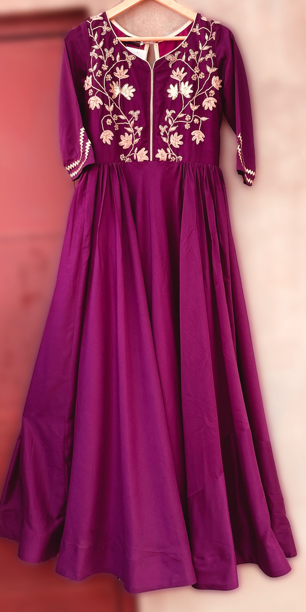 Wine Muslin Long Dress with Hand Embroidery work