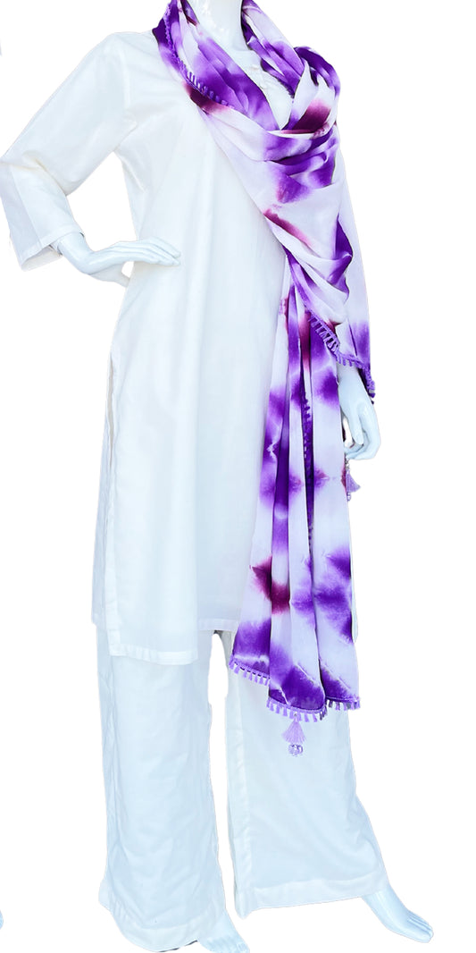 White Pure Cotton kurta Palazzo With Lavender Dupatta