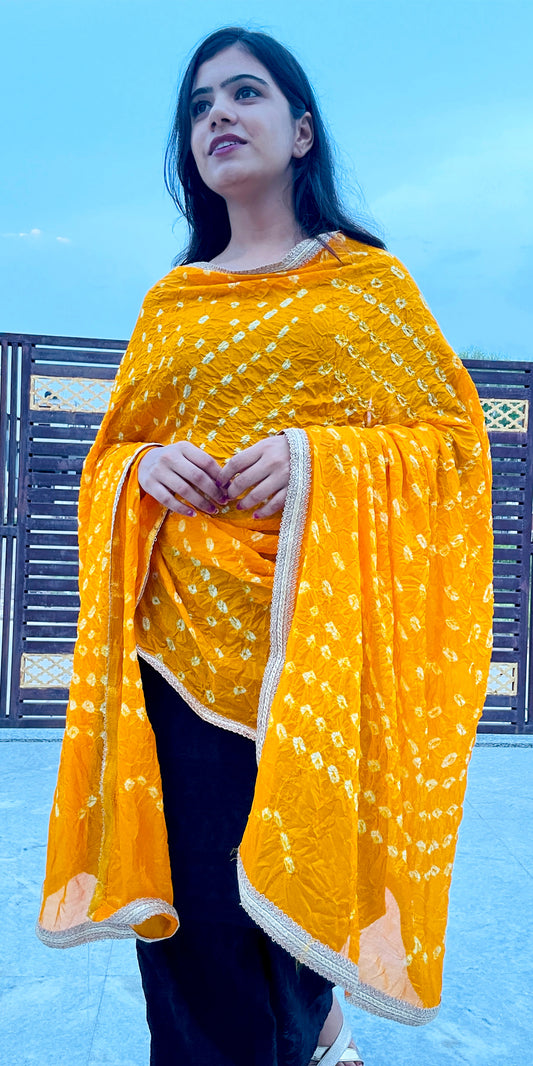 Yellow Indian Tie dye long Stole, Silver Bandhini Dupatta with Gota, Yellow Bhandej, Yellow Rajasthani Dupatta, Yellow Jaipuri Stole, Bright Yellow Chunni, Yellow Gujrati Odini, Long Stole casual, Indian Ethnic Dupatta, Indian Folk Dress, Garba night Stole, Dupatta for plain suits