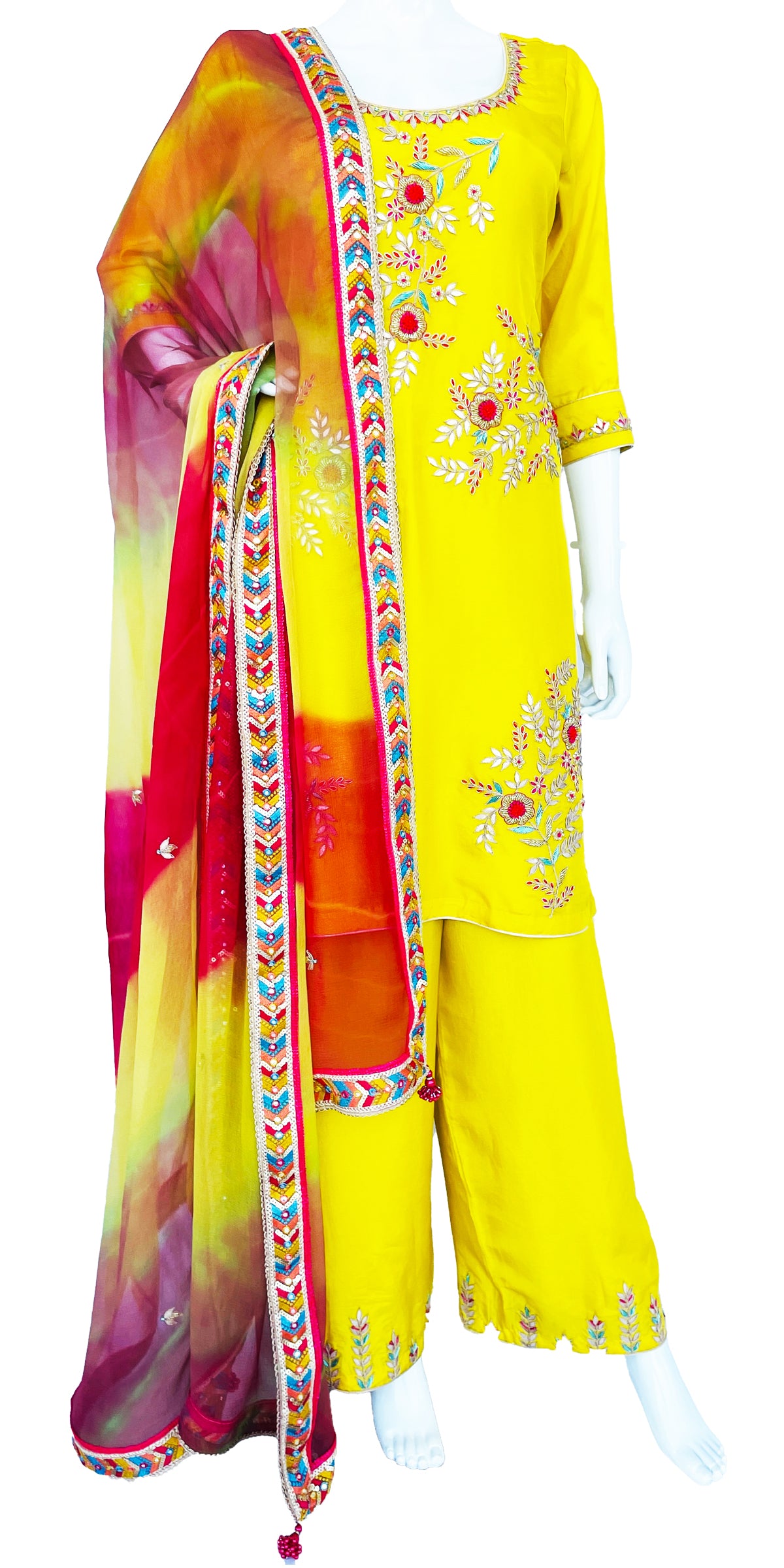 Yellow Heavy Embroidered Palazzo Suit, Bright Yellow Punjabi Suit, Pooja Dress, Tie Dye Dupatta with Palazzo, Palazzo with Long top, Palazzo suit with dupatta, Pure Upada Silk Indian Palazzo Suit, Zardosi work Punjabi suit, Partywear Indian Dress, Indian Wedding Cloth, 