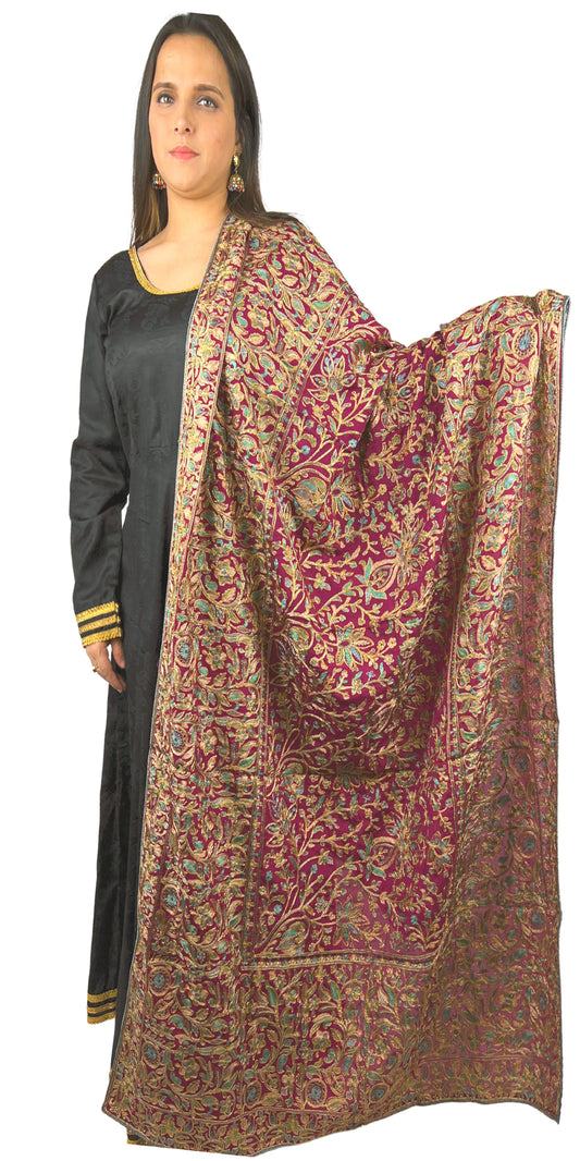 Kashmiri Embroidery Dupatta Magenta Wine Color Multicolor Resham Thread Work Wrap/Stole
