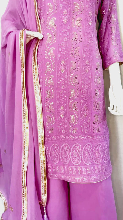 Lavender Pure Georgette Palazzo Suit with Handwork Embroidery with Long Top and Embroidered Dupatta