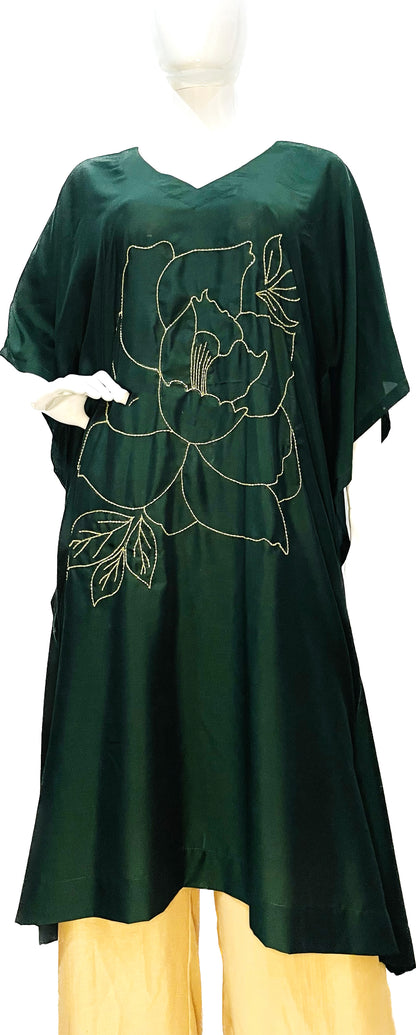 Emerald Green Hand Embroidered Kaftan, Pure Muslin Partywear Floral Design Kaftan