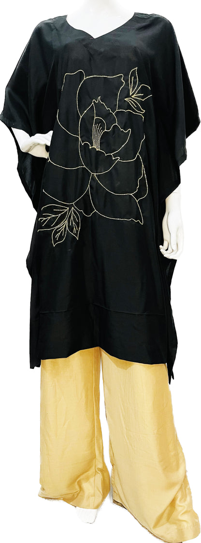 Black Hand Embroidered Kaftan, Pure Muslin Partywear Floral Design Kaftan
