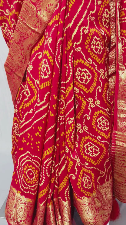 Red Orange Bandhani Sari, Bhandej Silk Saree, Jaipuri print Saree