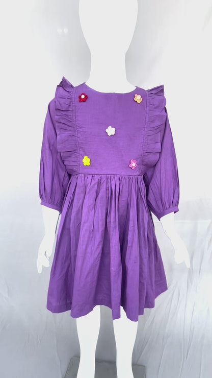 Purple Apron Floral Cotton Dress, Summer wear for Girls, Grey Frock for Girl Child