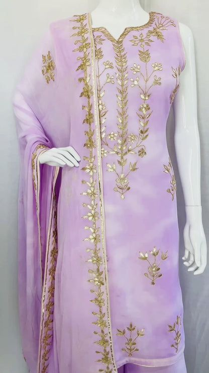 Purple Tie n Dye Pure Chinon Fabric with Traditional Gota Patti Hand Work Long Top Palazzo Pants with Dupatta