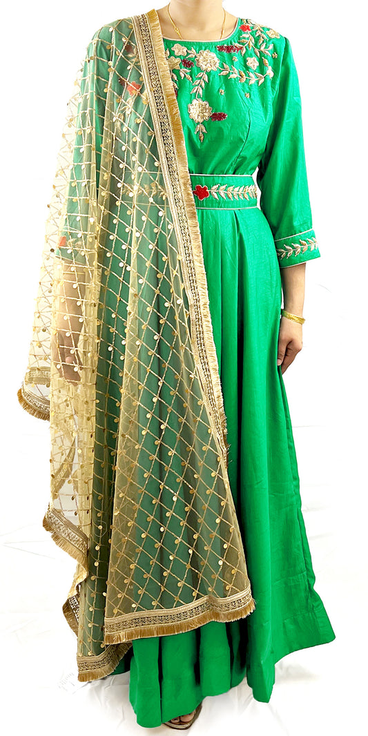 Green color hand embroidered long dress with belt and Net dupatta