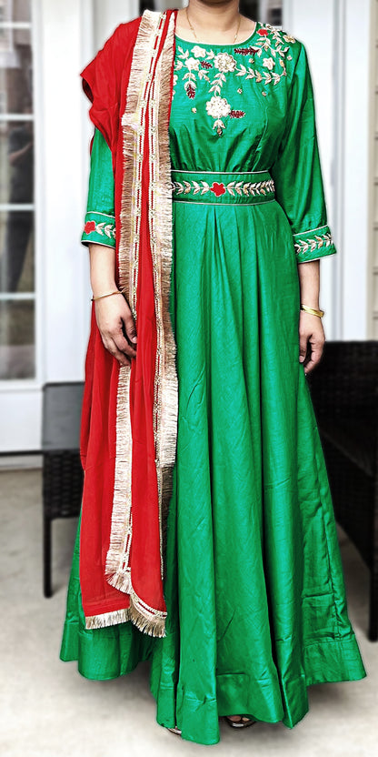 Green color hand embroidered long dress with belt and Maroon dupatta