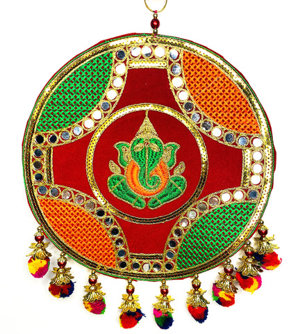 Sitting Shri Ganesh with Tassels and MirrorWork Colorful Wall hangings Pooja Festive Home door decoration