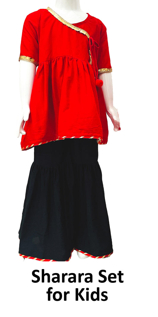 Red Rayon Angrakha top and Black Sharara Set, Indian Ethnic kids wear, Diwali kids dress, Wedding kids wear, Girls Dress, Kids partywear