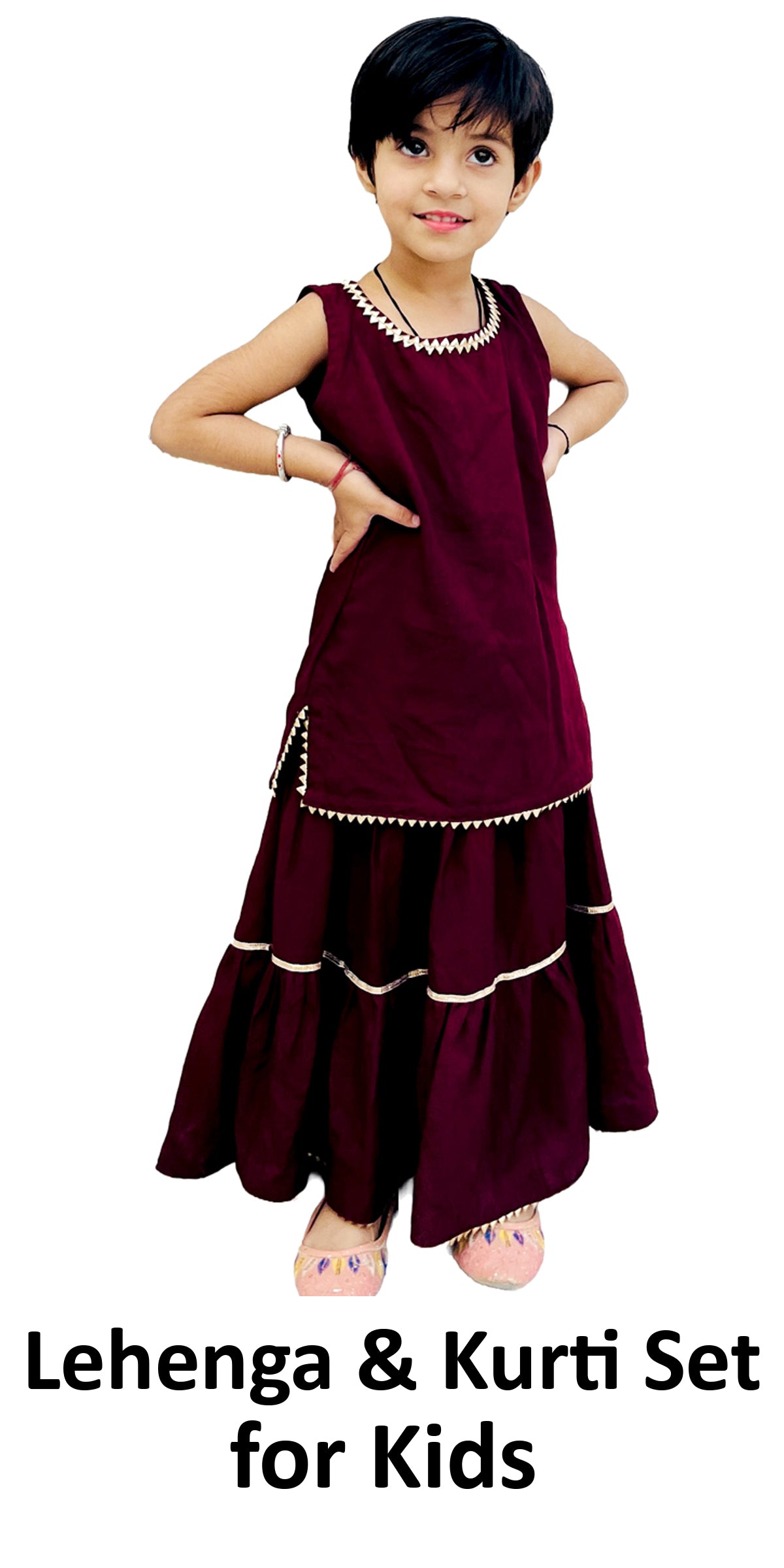 Maroon Lehenga Kurti , Skirt Long top, With Fancy Border. Kids Partywear, Diwali Dress, Handmade