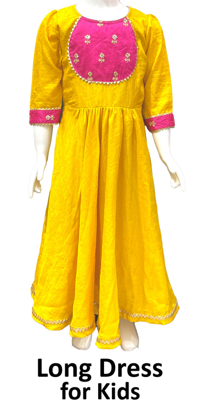 Yellow Pink Rayon Indian Long Dress for Girls