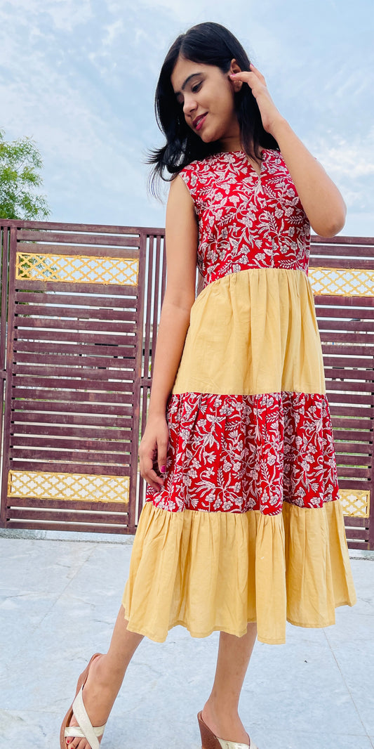 Red - Yellow Leaf print Tiered Dress Pure Cotton Fabric