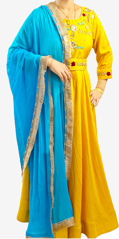 Bright yellow color hand embroidered long dress with belt and dupatta